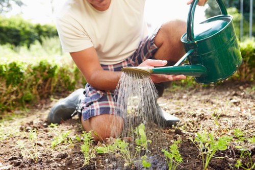 Worker wearing protective gear trimming hedges